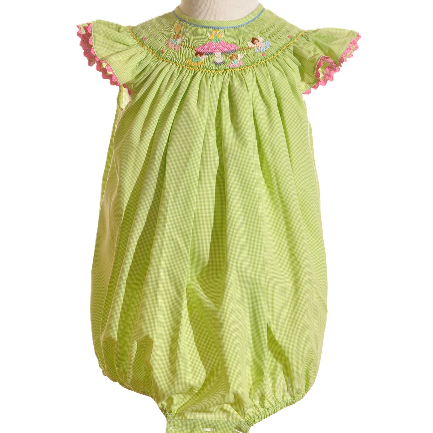 Green Gingham Mushroom Faries Smocked Angel Wing Bubble