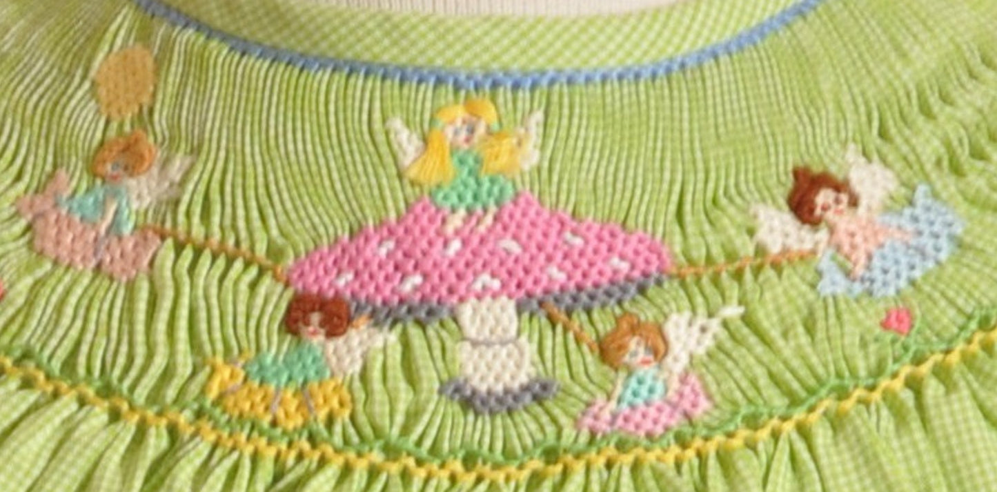 Green Gingham Mushroom Faries Smocked Short Sleeve Bishop Dress