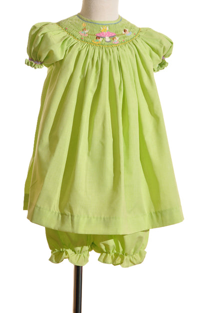 Green Giangham Mushroom Faries Smocked Short Sleeve Short Set