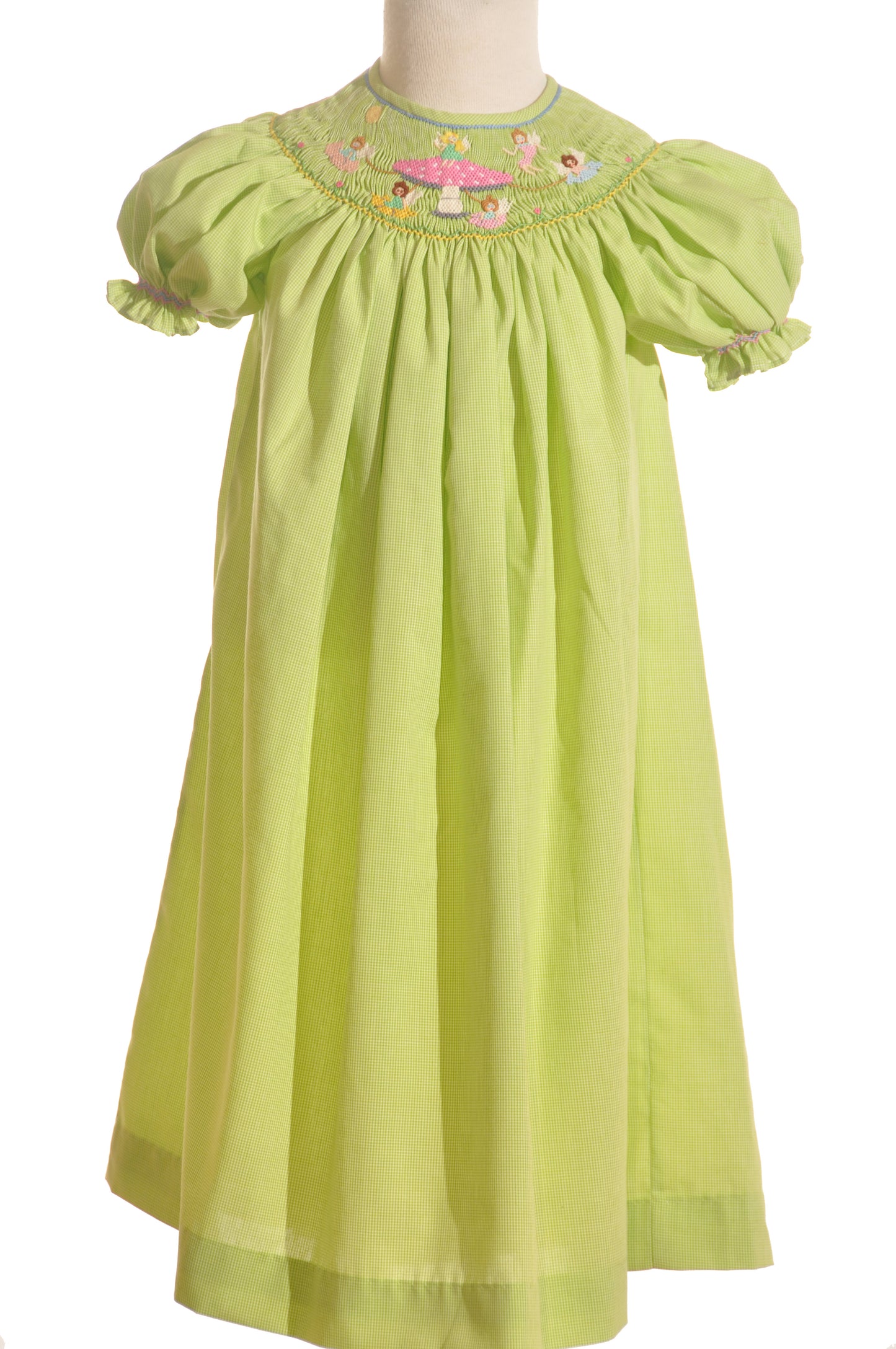 Green Gingham Mushroom Faries Smocked Short Sleeve Bishop Dress