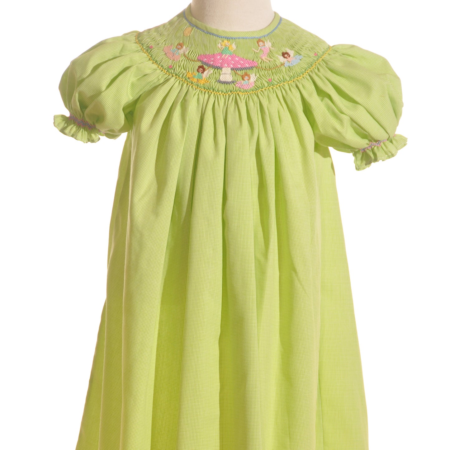 Green Gingham Mushroom Faries Smocked Short Sleeve Bishop Dress