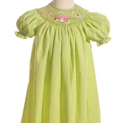 Green Gingham Mushroom Faries Smocked Short Sleeve Bishop Dress