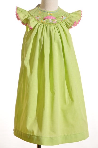 Green Gingham Mushroom Faries Smocked Short Sleeve Bishop Dress