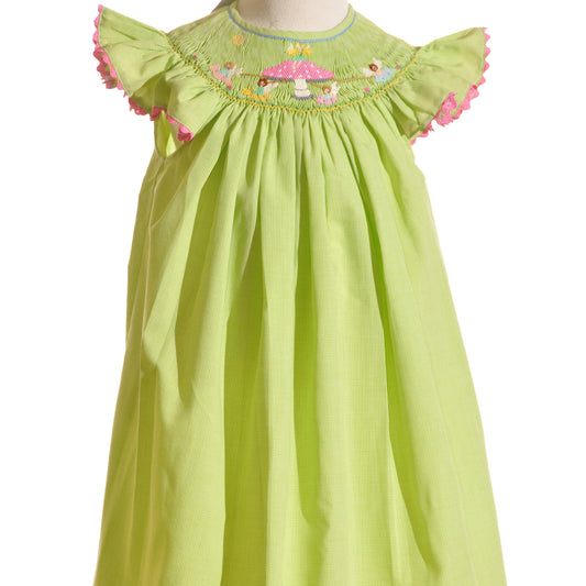 Green Gingham Mushroom Faries Smocked Angel Wing Sleeve Dress