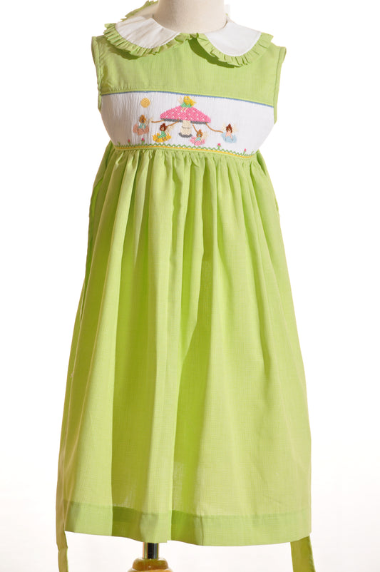 Green Gingham Mushroom Faries Smocked Sleeveless Dress
