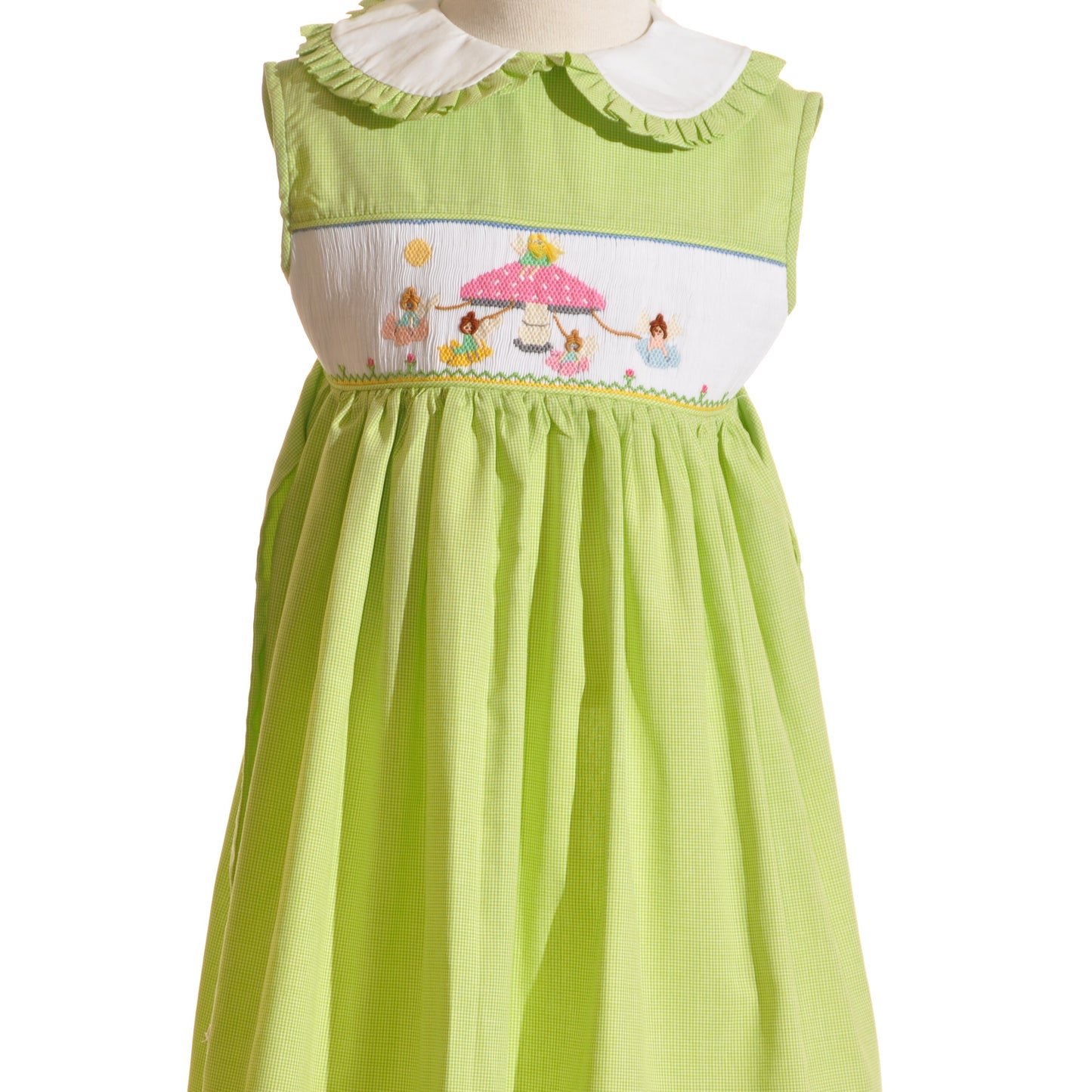 Green Gingham Mushroom Faries Smocked Sleeveless Dress
