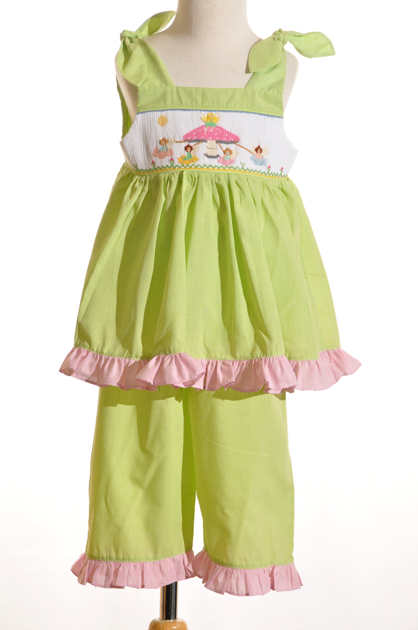 Green Gingham Mushroom Fairies Smocked Tie Shoulder Capri Set