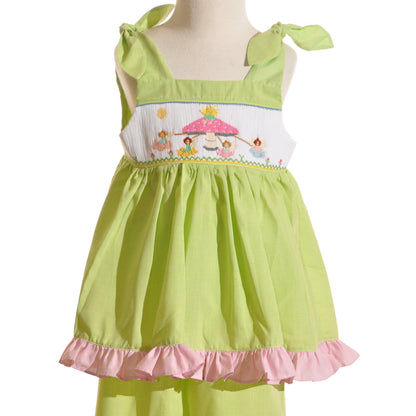 Green Gingham Mushroom Fairies Smocked Tie Shoulder Capri Set