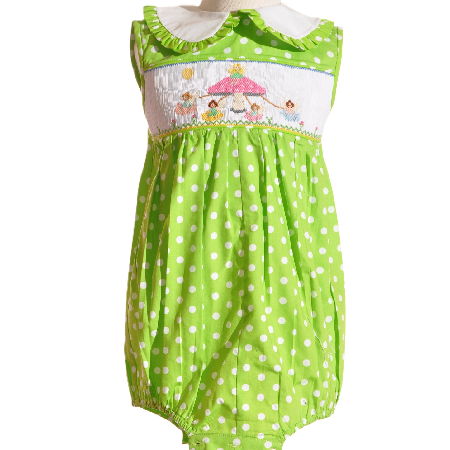 Green Polka Dot Mushroom Faries Smocked Sleeveless Bubble