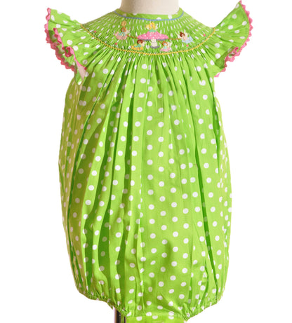 Green Polka Dot Mushroom Faries Smocked Angel Wing Bubble