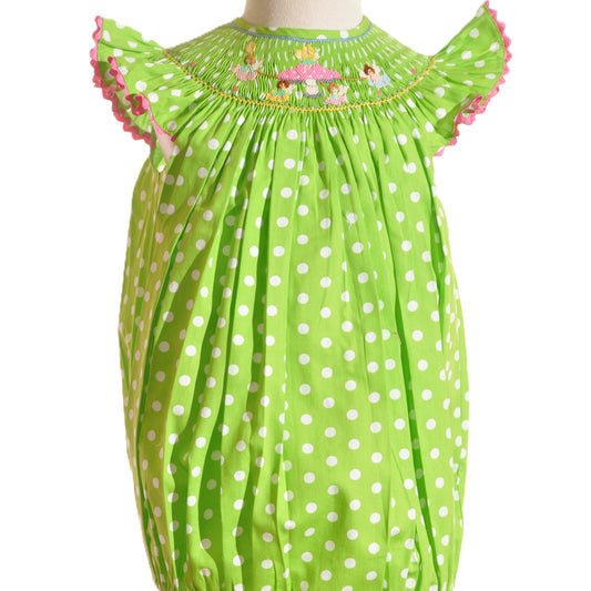 Green Polka Dot Mushroom Faries Smocked Angel Wing Bubble
