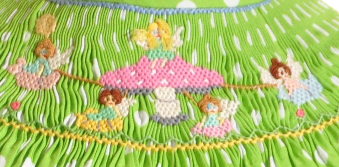 Green Polka Dot Mushroom Faries Smocked Angel Wing Bubble