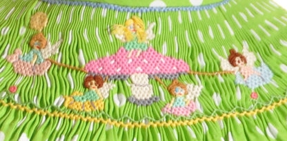 Green Polka Dot Mushroom Faries Smocked Angel Wing Bubble