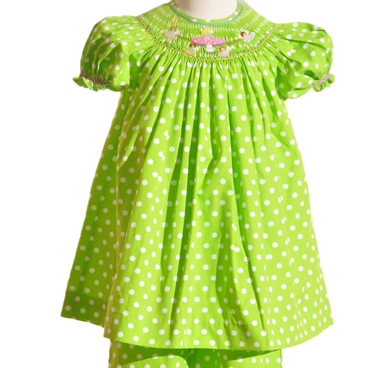 Green Mushroom Faries Smocked Short Sleeve Pant Set