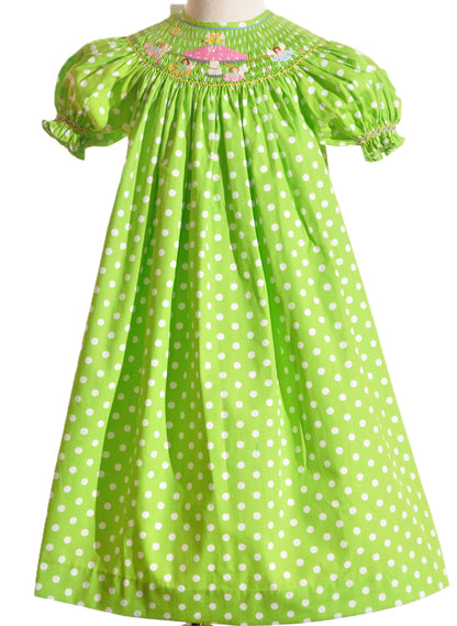 Green Polka Dot Mushroom Faries Smocked Short Sleeve Bishop Dress
