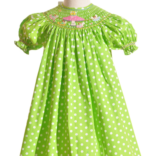 Green Polka Dot Mushroom Faries Smocked Short Sleeve Bishop Dress