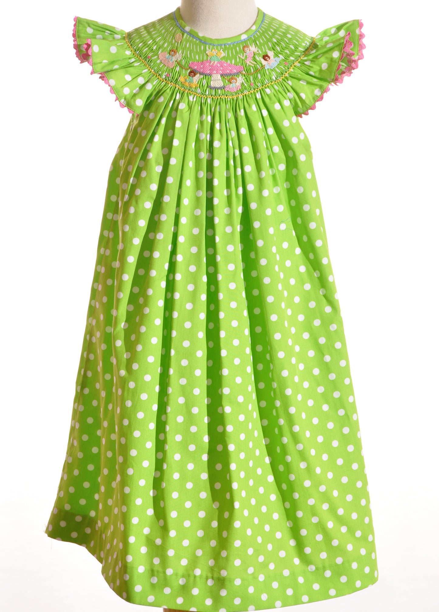 Green Polka Dot Mushroom Faries Smocked Angle Wing Sleeve Dress