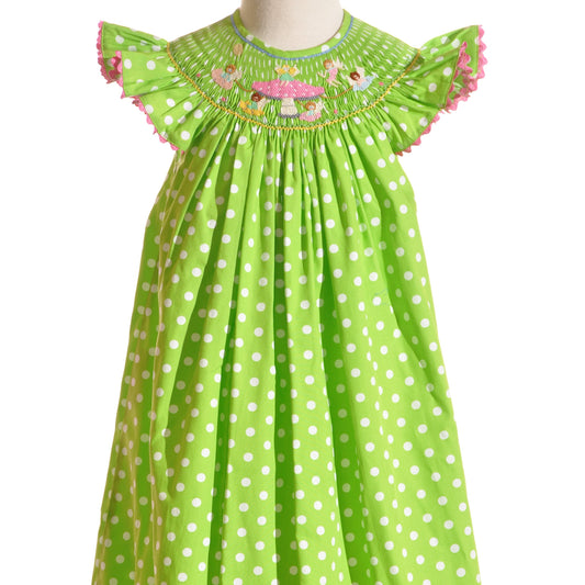 Green Polka Dot Mushroom Faries Smocked Angle Wing Sleeve Dress