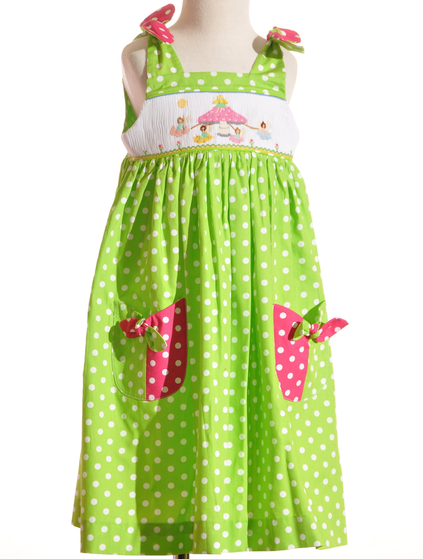Green Polka Dot Mushroom Faries Smocked Sleeveless Dress