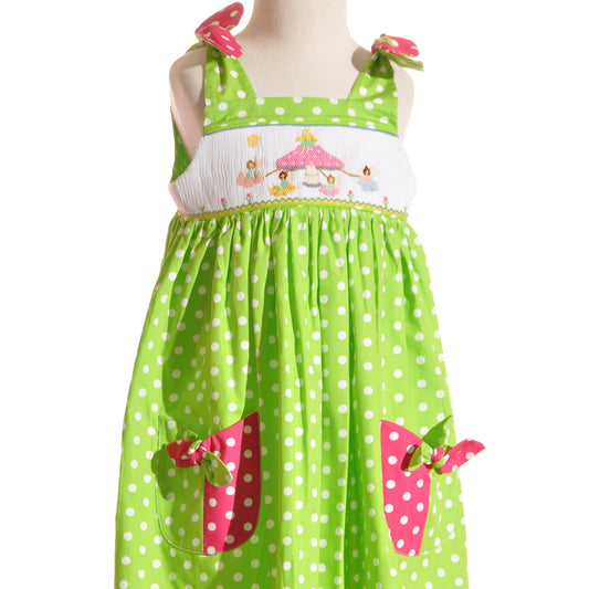 Green Polka Dot Mushroom Faries Smocked Sleeveless Dress