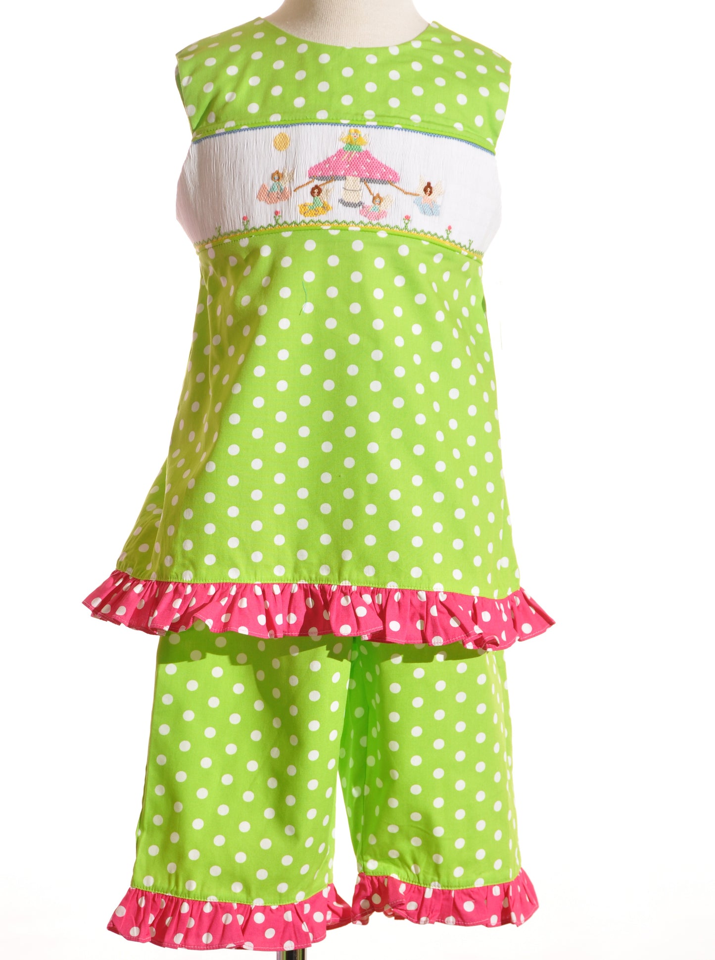 Green Polka Dot Mushroom Faries Smocked Sleeveless Carpri Set