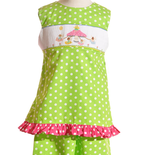 Green Polka Dot Mushroom Faries Smocked Sleeveless Carpri Set