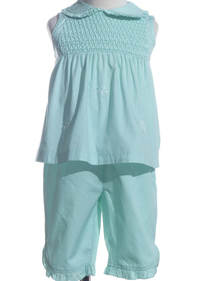 Mint Geometric Smocked Sleeveless Top and Ruffle Pants Set