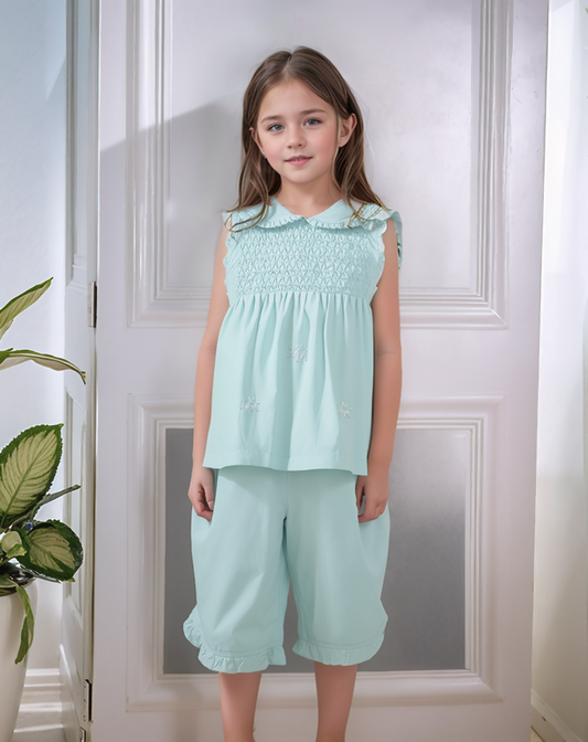 Mint Geometric Smocked Sleeveless Top and Ruffle Pants Set