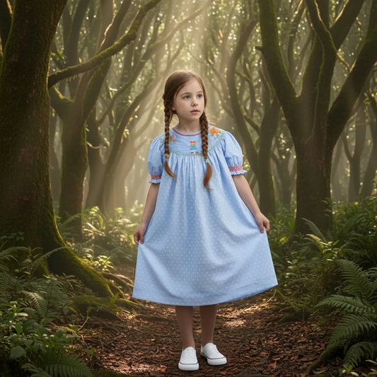 Light Blue Polka Dot Short Sleeve Dress featuring WIZARD OF OZ Hand-Smocked