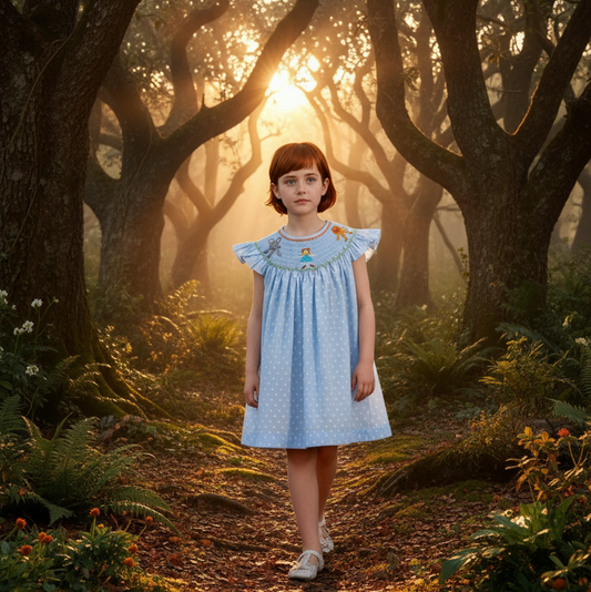 Light Blue Polka Dot Angel Wing Dress featuring WIZARD OF OZ Hand-Smocked