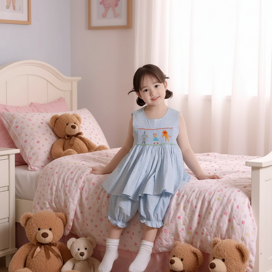 Light Blue Polka Dot Bubble Rompter featuring WIZARD OF OZ Hand-Smocked
