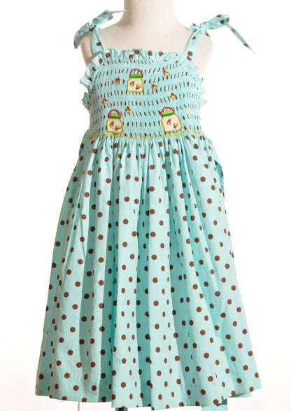 Turquoise With Brown Polka Dot Sleeveless Dress Featuring FIREFLIES FLUTTERING Hand-Smocked