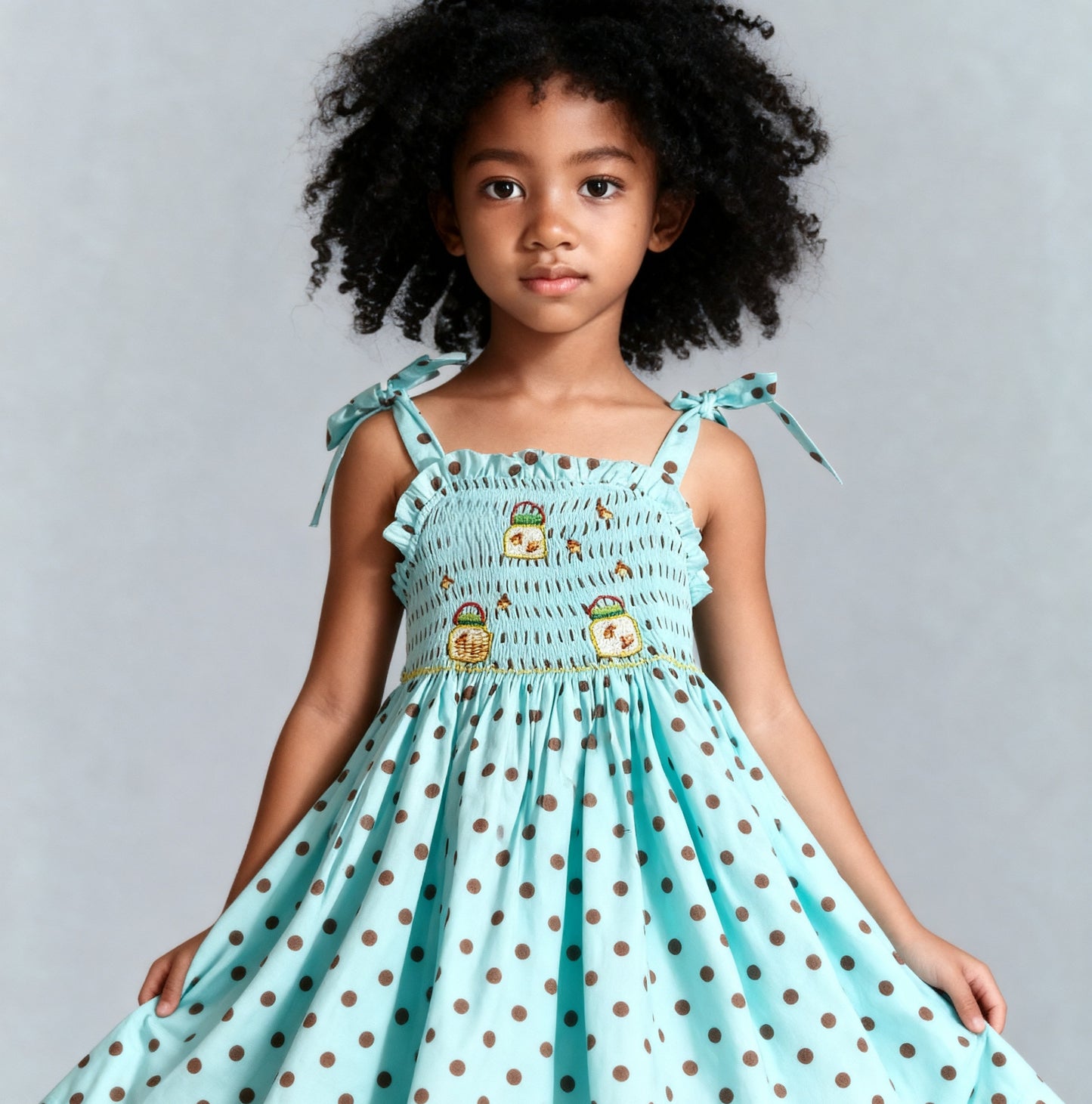 Turquoise With Brown Polka Dot Sleeveless Dress Featuring FIREFLIES FLUTTERING Hand-Smocked