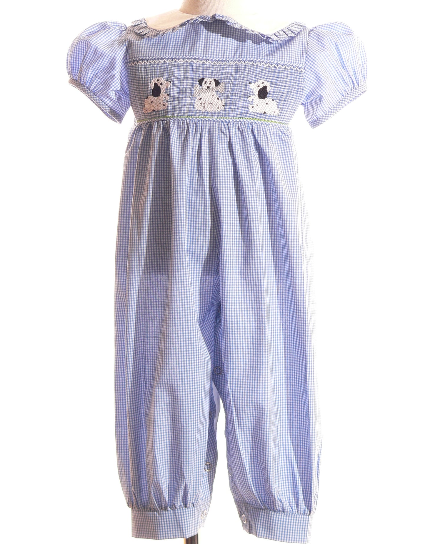 Blue Gingham Short Sleeve Romper Featuring PUPPIES Hand-Smocked