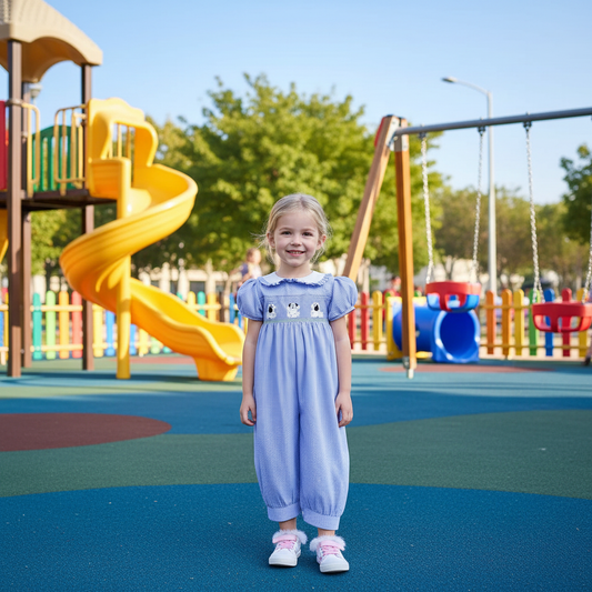 Blue Gingham Short Sleeve Romper Featuring PUPPIES Hand-Smocked