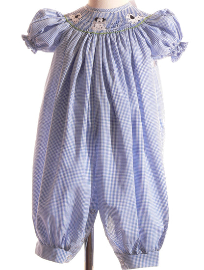 Blue Gingham Short Bishop Sleeve Dress Featuring PUPPIES Hand-Smocked