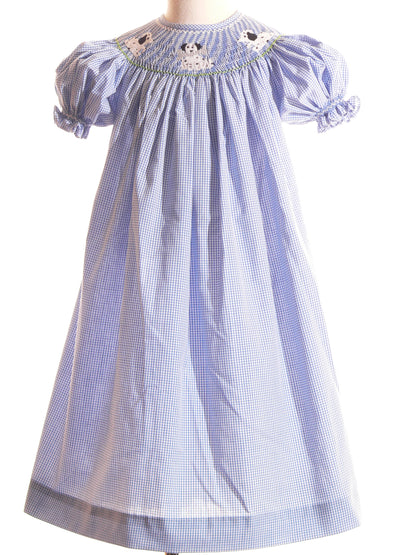Blue Gingham Short Bishop Sleeve Dress Featuring PUPPIES Hand-Smocked