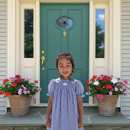 Blue Gingham Short Bishop Sleeve Dress Featuring PUPPIES Hand-Smocked