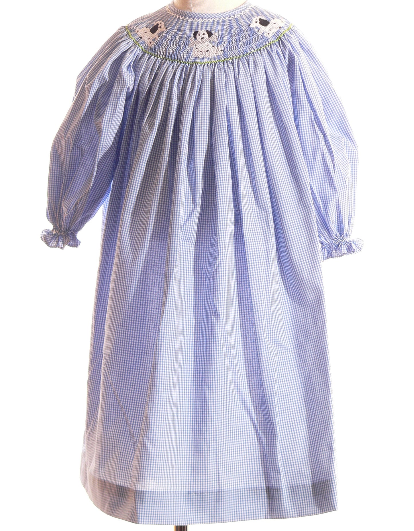 Blue Gingham Long Sleeve Bishop Dress Featuring PUPPIES Hand-Smocked