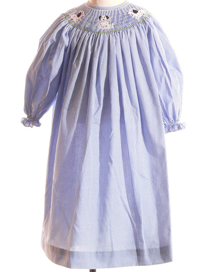 Blue Gingham Long Sleeve Bishop Dress Featuring PUPPIES Hand-Smocked