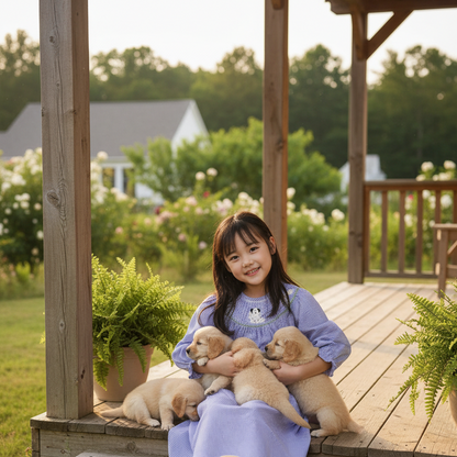 Blue Gingham Long Sleeve Bishop Dress Featuring PUPPIES Hand-Smocked