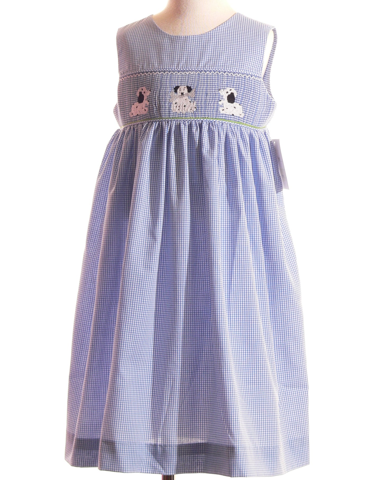 Blue Gingham Sleeveless Bishop Featuring PUPPIES Hand-Smocked