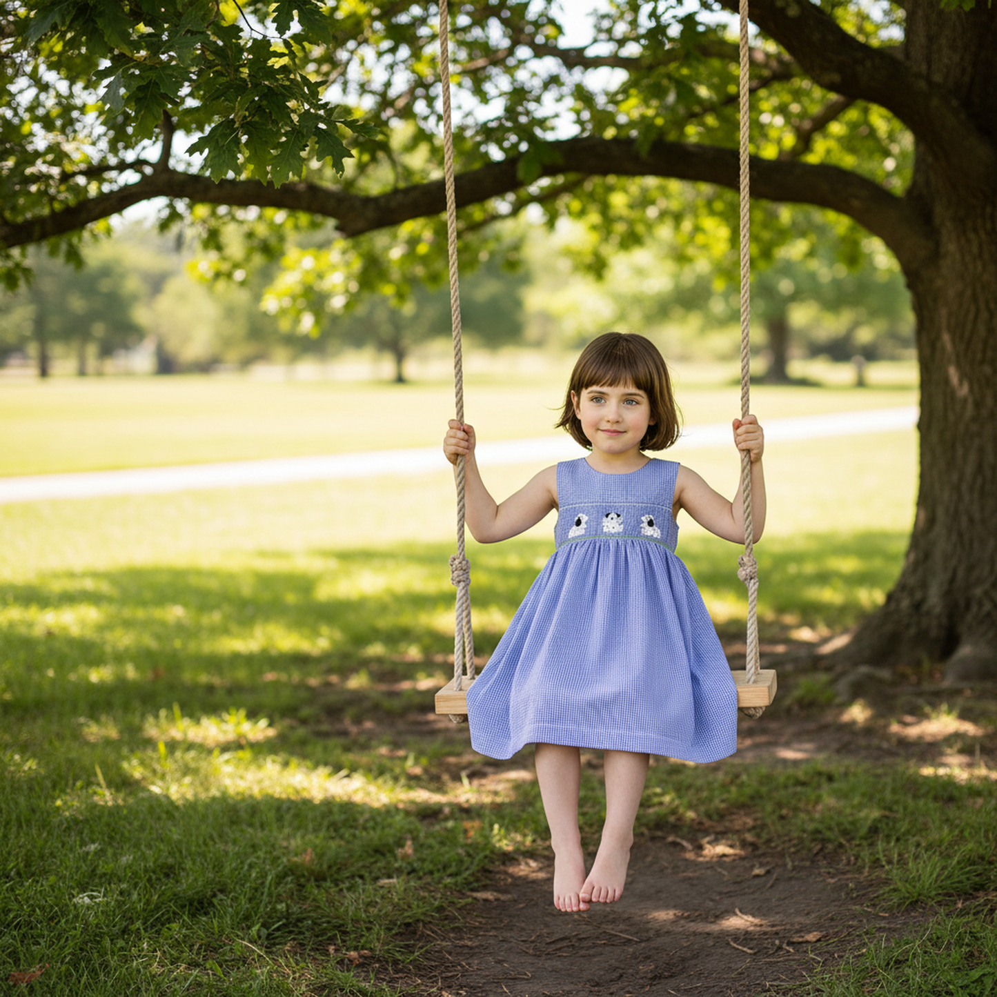 Blue Gingham Sleeveless Bishop Featuring PUPPIES Hand-Smocked