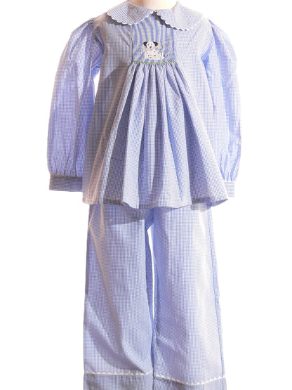 Blue Gingham Pant Set Featuring PUPPIES Hand-Smocked