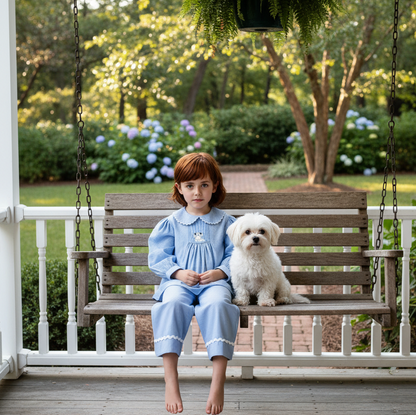 Blue Gingham Pant Set Featuring PUPPIES Hand-Smocked