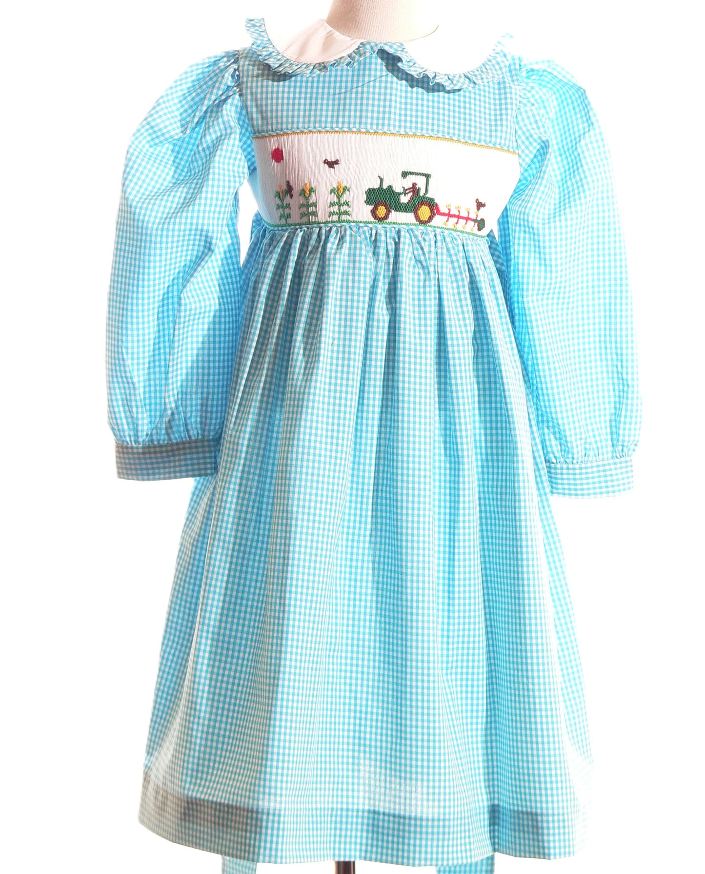 Aqua Blue TRACTOR Smocked Long Sleeve Dress