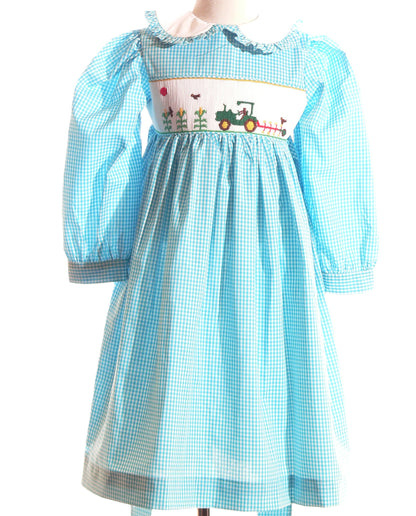 Aqua Blue TRACTOR Smocked Long Sleeve Dress