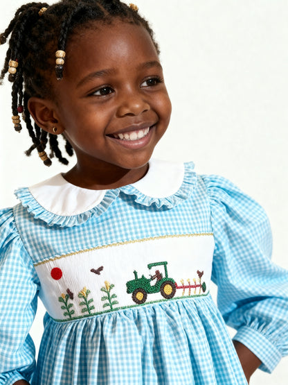 Aqua Blue TRACTOR Smocked Long Sleeve Dress