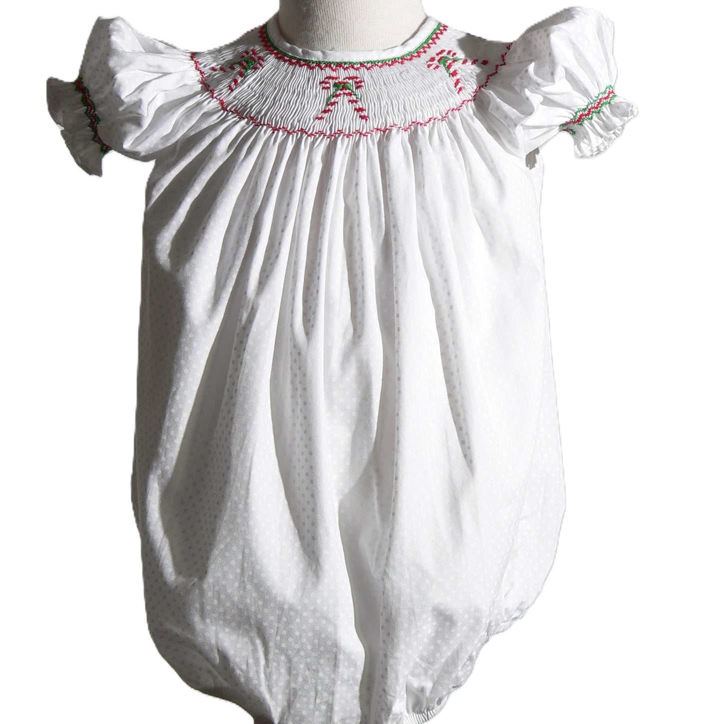 White CANDY CANE Smocked Short Bishop Sleeve Bubble
