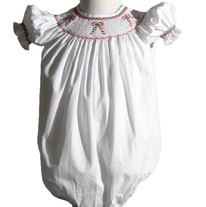 White CANDY CANE Smocked Short Bishop Sleeve Bubble